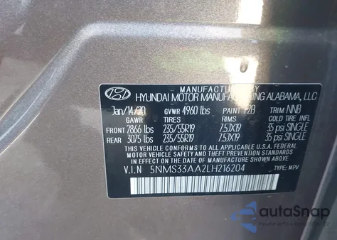 2020 Hyundai Santa Fe Sel 2.0T z USA, uszkodzony, nr VIN 5NMS33AA2LH216204